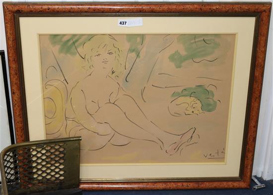 Verta Seated female nude and dog 47 x 63cm
